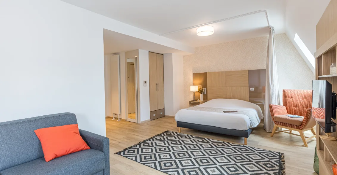 Living space: sofa, double bed, wardrobe and patterned rug, Appart-One aparthotel, Chambéry