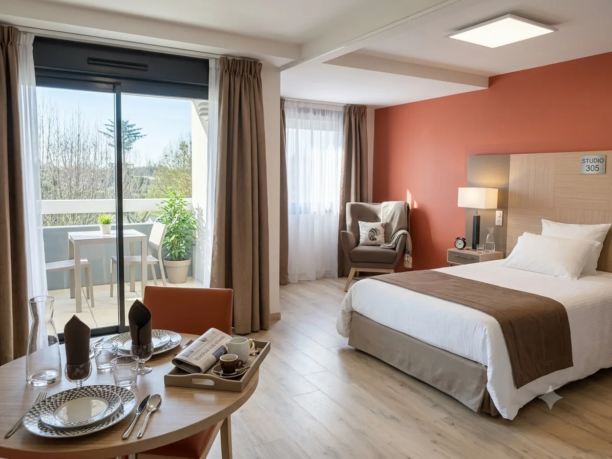 Furnished studio: double bed, dining table and furnished balcony seen through the patio door, Appart-One aparthotel, Le Cannet